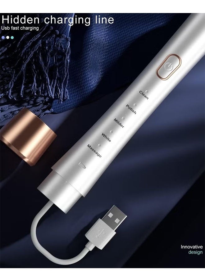 فرشاة أسنان كهربائية قوية قابلة لإعادة الشحن مع 6 رؤوس فرشاة ، تبييض الأسنان ، صديقة للسفر ، أبيض - Image 4