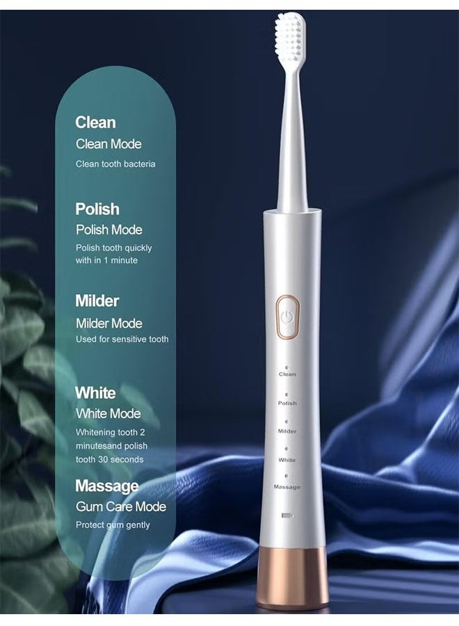 فرشاة أسنان كهربائية قوية قابلة لإعادة الشحن مع 6 رؤوس فرشاة ، تبييض الأسنان ، صديقة للسفر ، أبيض - Image 2