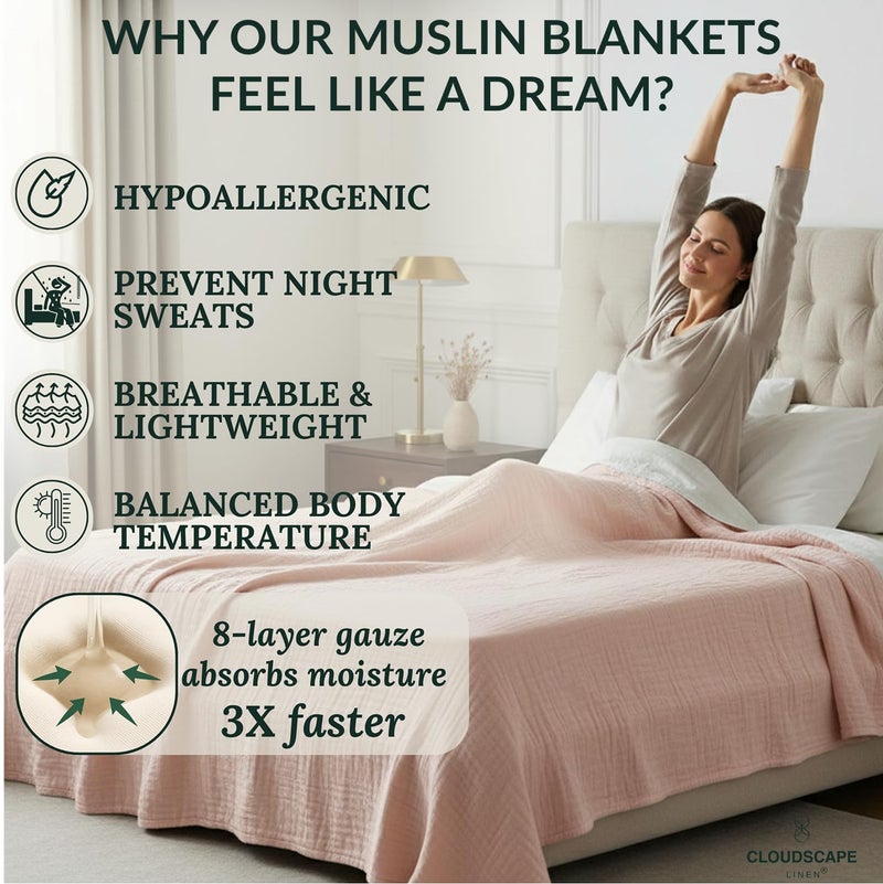 CloudScape Linen CLOUDSCAPE 8 Layer Muslin Blanket Queen Size for Adults - 100% Cotton Gauze Layering Blanket Summer, 92"x92" Fits Upto Full Bed, Heavyweight, Breathable Soft, All Season Spring- Seashell Pink - Image 4