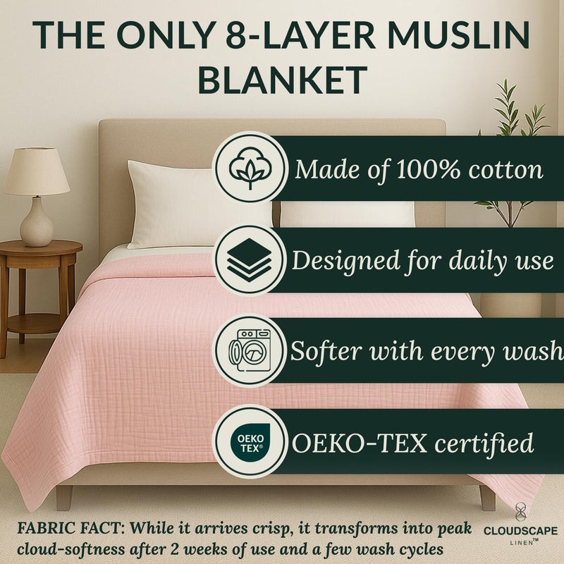 CloudScape Linen CLOUDSCAPE 8 Layer Muslin Blanket Queen Size for Adults - 100% Cotton Gauze Layering Blanket Summer, 92"x92" Fits Upto Full Bed, Heavyweight, Breathable Soft, All Season Spring- Seashell Pink - Image 2