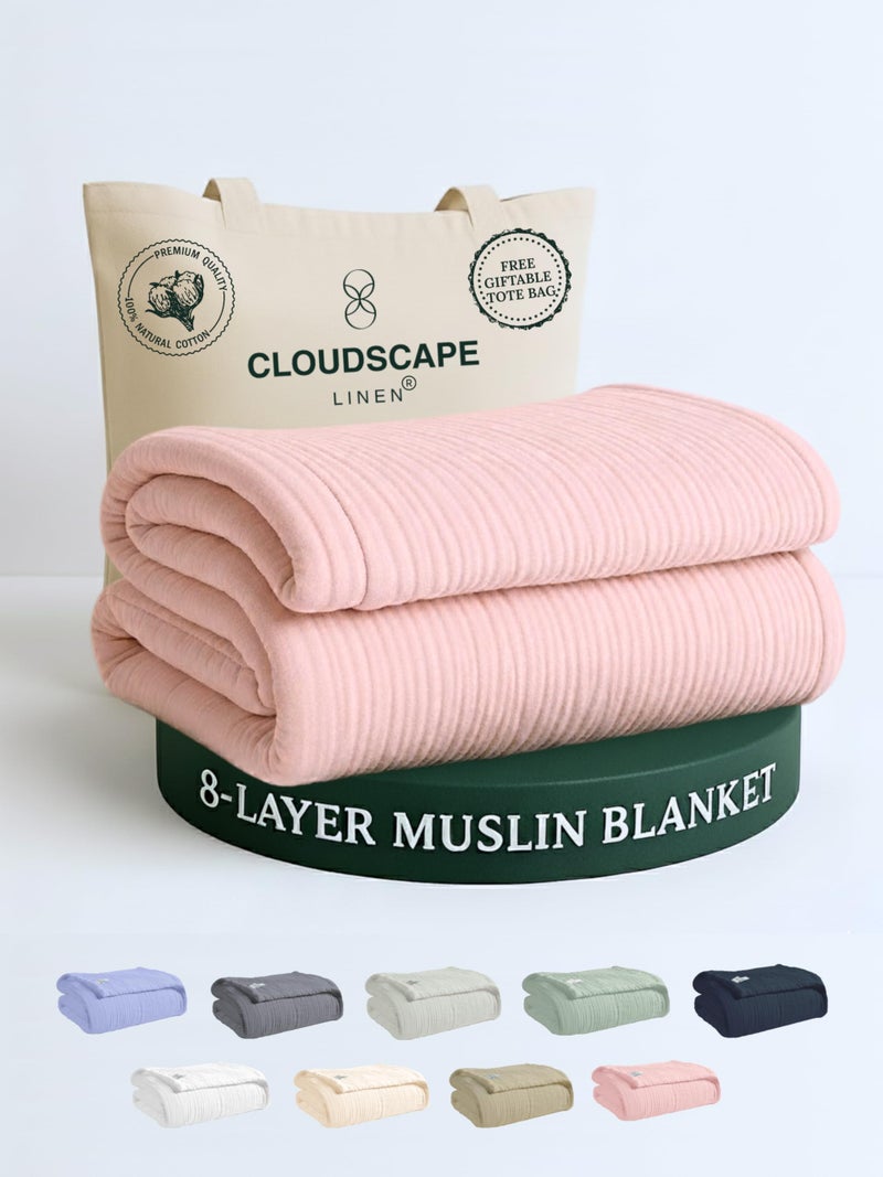 CloudScape Linen CLOUDSCAPE 8 Layer Muslin Blanket Queen Size for Adults - 100% Cotton Gauze Layering Blanket Summer, 92"x92" Fits Upto Full Bed, Heavyweight, Breathable Soft, All Season Spring- Seashell Pink - Image 1