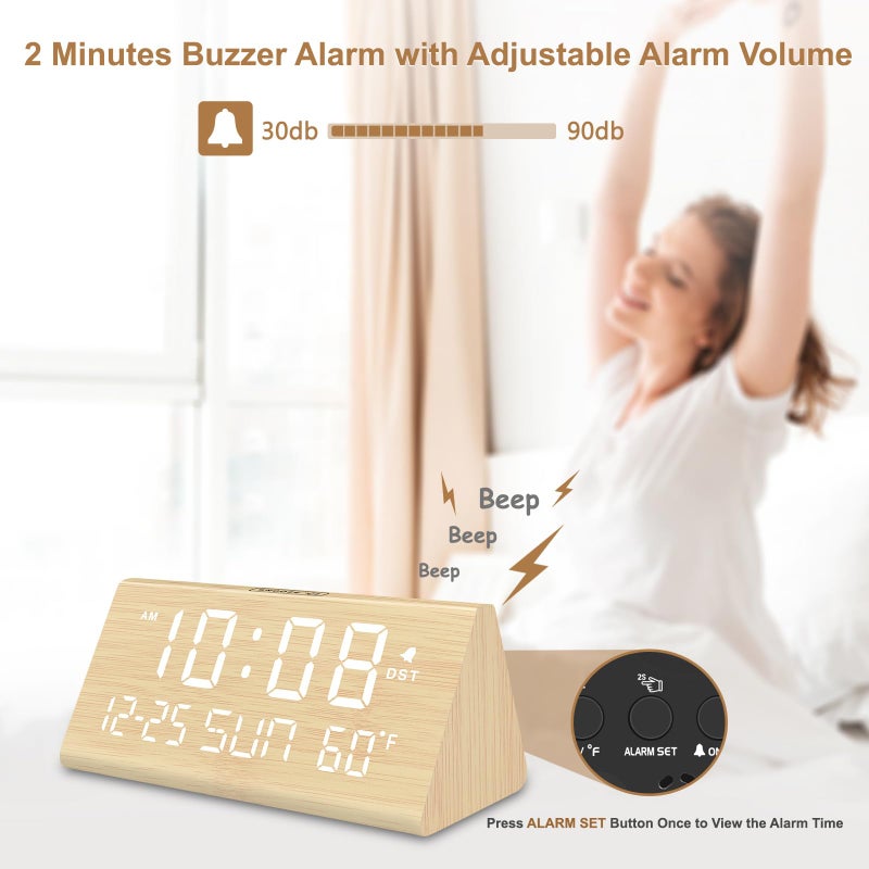 DreamSky Digital Alarm Clocks for Bedrooms - Wooden Desk Clock with Date, Day of Week, USB Port, Temperature, Dimmer for Bedside Table, Living Room, Office, Adjustable Volume, Auto DST, Wood Decor - Image 3