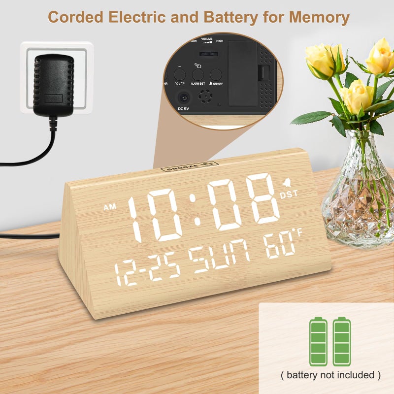 DreamSky Digital Alarm Clocks for Bedrooms - Wooden Desk Clock with Date, Day of Week, USB Port, Temperature, Dimmer for Bedside Table, Living Room, Office, Adjustable Volume, Auto DST, Wood Decor - Image 2