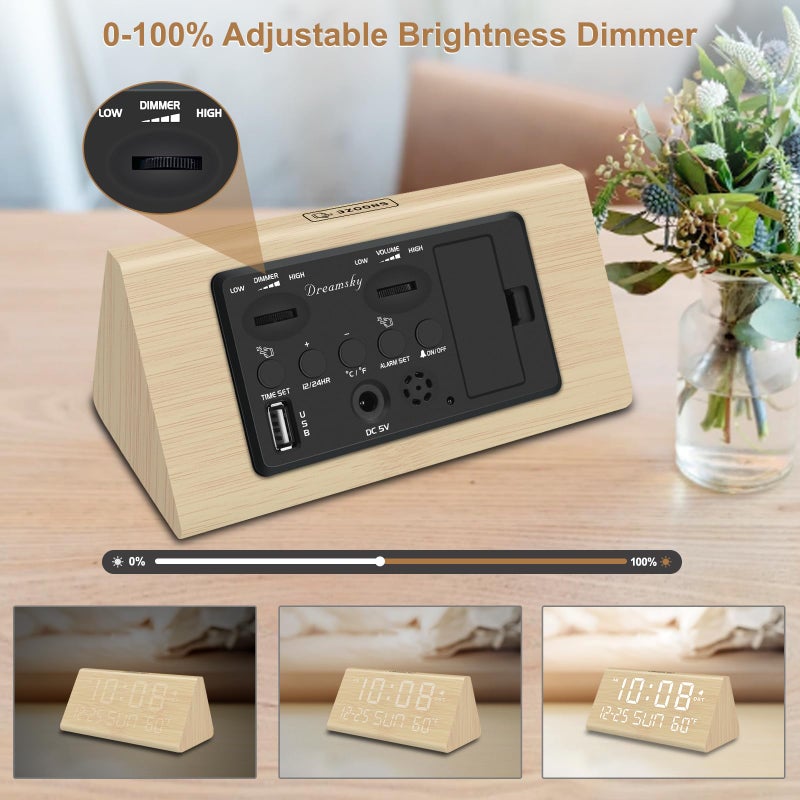 DreamSky Digital Alarm Clocks for Bedrooms - Wooden Desk Clock with Date, Day of Week, USB Port, Temperature, Dimmer for Bedside Table, Living Room, Office, Adjustable Volume, Auto DST, Wood Decor - Image 5