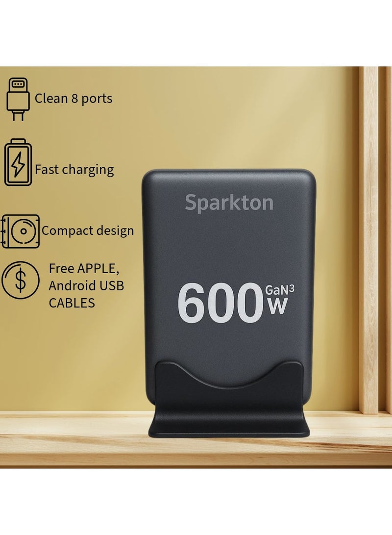 Sparkton 600W GaN³ Pro Fast Charger 8-Port USB Charging Station Hub with 140W+100W Type-C PD3.1 QC3.0 Smart Power Adapter for MacBook, iPhone, Samsung, Laptop, Tablet, Multi-Device GaN III Charger, LED Indicator, Travel Wall Plug High-Speed Power Brick. - Image 3