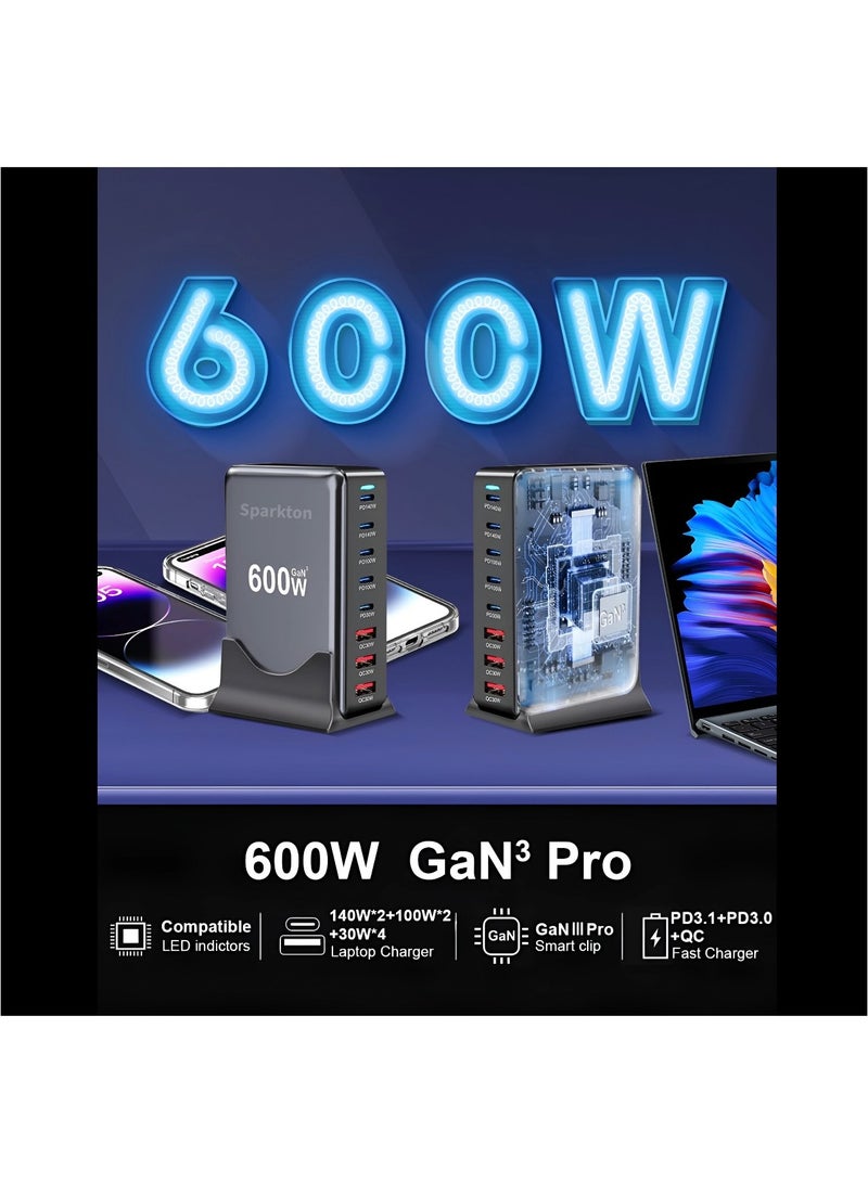 Sparkton 600W GaN³ Pro Fast Charger 8-Port USB Charging Station Hub with 140W+100W Type-C PD3.1 QC3.0 Smart Power Adapter for MacBook, iPhone, Samsung, Laptop, Tablet, Multi-Device GaN III Charger, LED Indicator, Travel Wall Plug High-Speed Power Brick. - Image 4