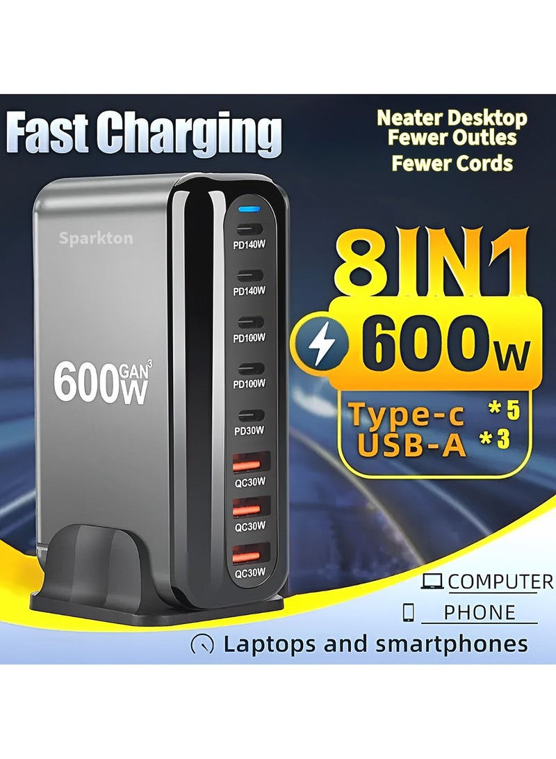 Sparkton 600W GaN³ Pro Fast Charger 8-Port USB Charging Station Hub with 140W+100W Type-C PD3.1 QC3.0 Smart Power Adapter for MacBook, iPhone, Samsung, Laptop, Tablet, Multi-Device GaN III Charger, LED Indicator, Travel Wall Plug High-Speed Power Brick. - Image 1