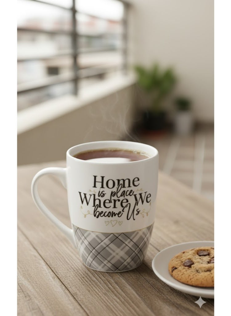 High-quality white porcelain mug with a classic gray design - Large coffee and Nescafe mug with a warm message "Home is where we become Us" - The perfect gift for loved ones and colleagues - (350 ml) - Image 1