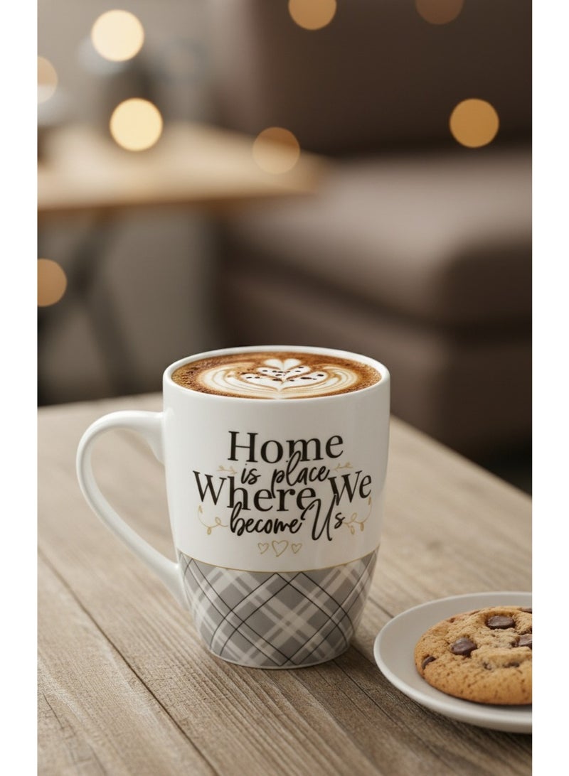 High-quality white porcelain mug with a classic gray design - Large coffee and Nescafe mug with a warm message "Home is where we become Us" - The perfect gift for loved ones and colleagues - (350 ml) - Image 5