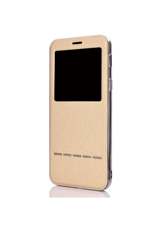 HuHa Case Cover For iPhone 11 Pro Matte Texture Horizontal Flip Bracket Mobile Phone Holster Window with Caller ID and Metal Button Slide To Unlock(Gold)  - Image 3