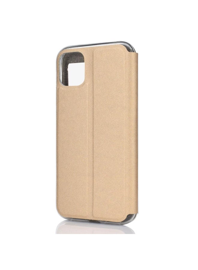 HuHa Case Cover For iPhone 11 Pro Matte Texture Horizontal Flip Bracket Mobile Phone Holster Window with Caller ID and Metal Button Slide To Unlock(Gold)  - Image 4