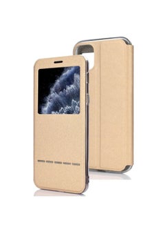 Case Cover For iPhone 11 Pro Matte Texture Horizontal Flip Bracket Mobile Phone Holster Window with Caller ID and Metal Button Slide To Unlock Gold