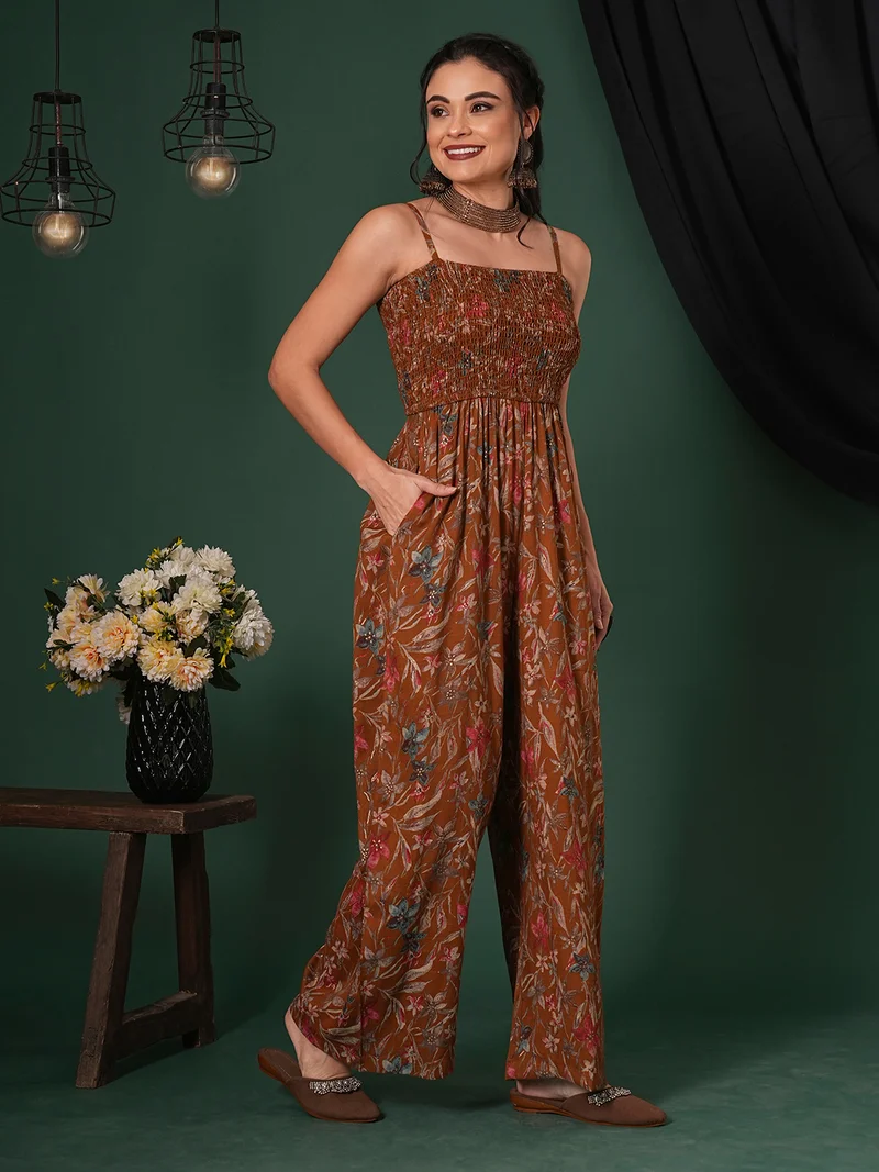 جلو باص Women Square Neck Adjustable Strappy Shoulder Smocked Floral Print Fusion Jumpsuit