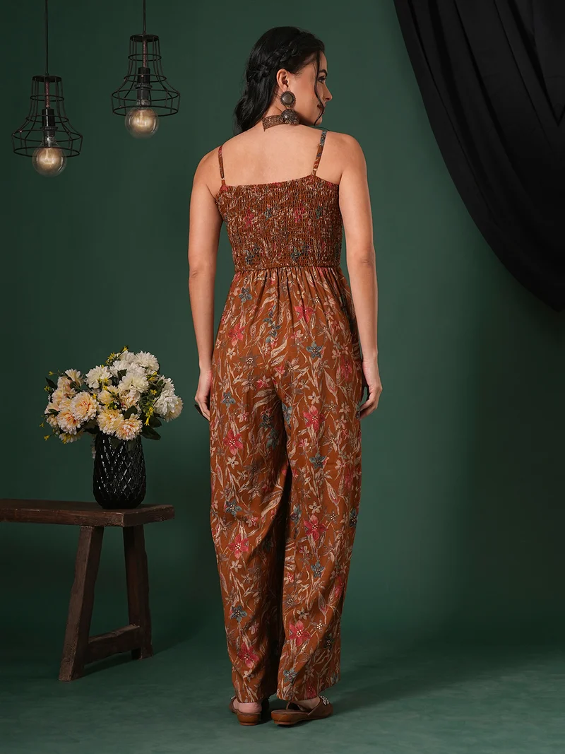 globus Women Square Neck Adjustable Strappy Shoulder Smocked Floral Print Fusion Jumpsuit
