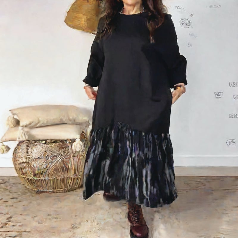 رقبة مستديرة، طبعة فضفاضة، صباغة ربطة عنق، تطعيم، ثنيات، فستان ماكسي - Image 4
