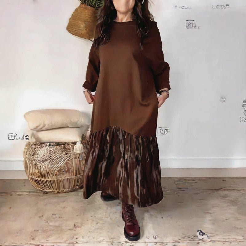 رقبة مستديرة، طبعة فضفاضة، صباغة ربطة عنق، تطعيم، ثنيات، فستان ماكسي - Image 2