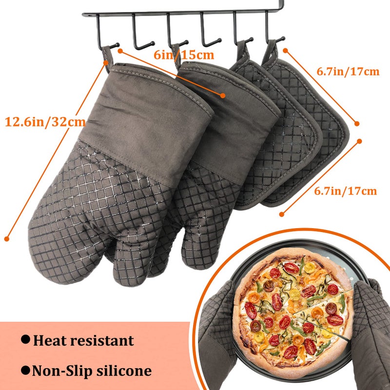 Pynqdfu 4 Pcs Oven Mitts and Pot Holders,500Â°F High Heat Resistant Kitchen Oven Mitts with Pot Holders,Long Oven Mitts with Recycled Cotton Infill and Silicone Non-Slip Surface for Baking and Cooking(Grey) - Image 2