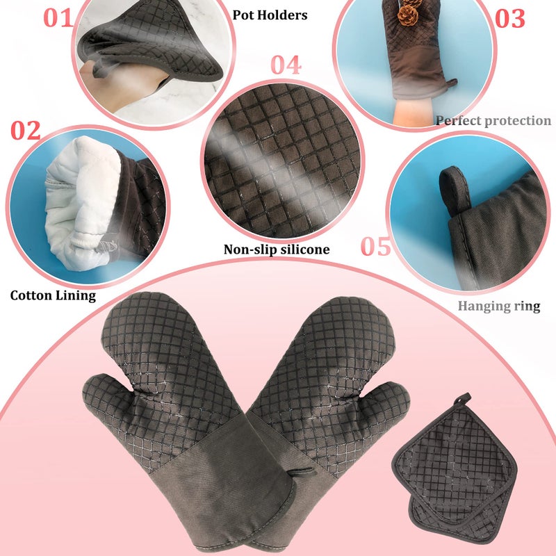 Pynqdfu 4 Pcs Oven Mitts and Pot Holders,500Â°F High Heat Resistant Kitchen Oven Mitts with Pot Holders,Long Oven Mitts with Recycled Cotton Infill and Silicone Non-Slip Surface for Baking and Cooking(Grey) - Image 3