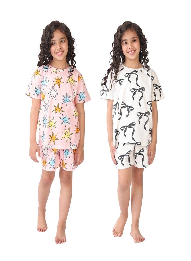 ANTHRILO Pink Star and Black Bow Girls Sleepwear Short Set (Pack of 2) | 6-12 Months - Image 1