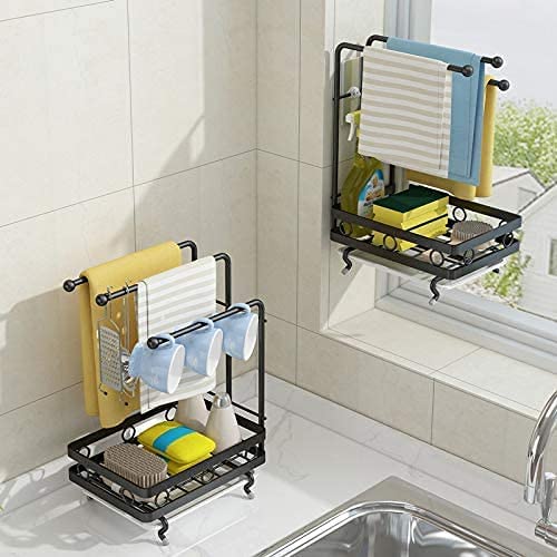 Zeinwap Sponge Holder with Drain Pan for Kicthen Sink, Kitchen Sink Caddy Organizer for Sponge Brush Soap Dish Dishcloth Rack, Black(Metal) - Image 3