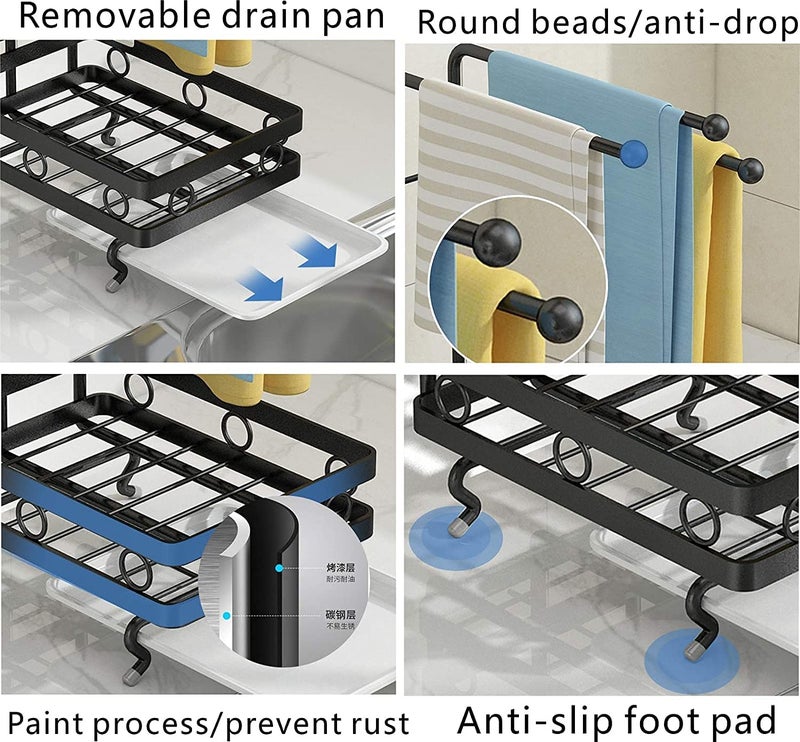 Zeinwap Sponge Holder with Drain Pan for Kicthen Sink, Kitchen Sink Caddy Organizer for Sponge Brush Soap Dish Dishcloth Rack, Black(Metal) - Image 4