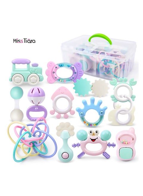 Baby Teether Toy Rattle for Baby Toys 0-12 Months Plus with Storage Box -12 Pcs BPA Free Soft Silicone Teething Toys Newborn Baby Sensory Toys Gifts 3 6 9 12 Months for Early Educational (12PC)