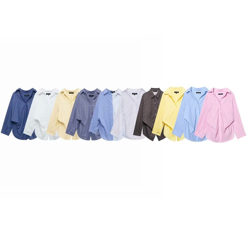 2025 Spring New Women'S Stitching Striped Poplin Loose Lapel Top Shirt Women - Image 2