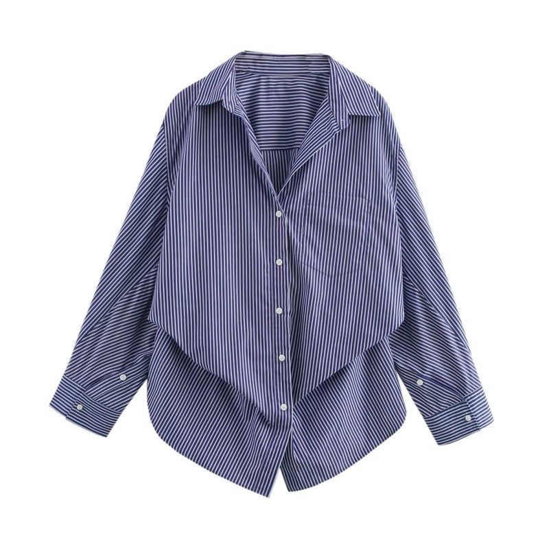 2025 Spring New Women'S Stitching Striped Poplin Loose Lapel Top Shirt Women - Image 3