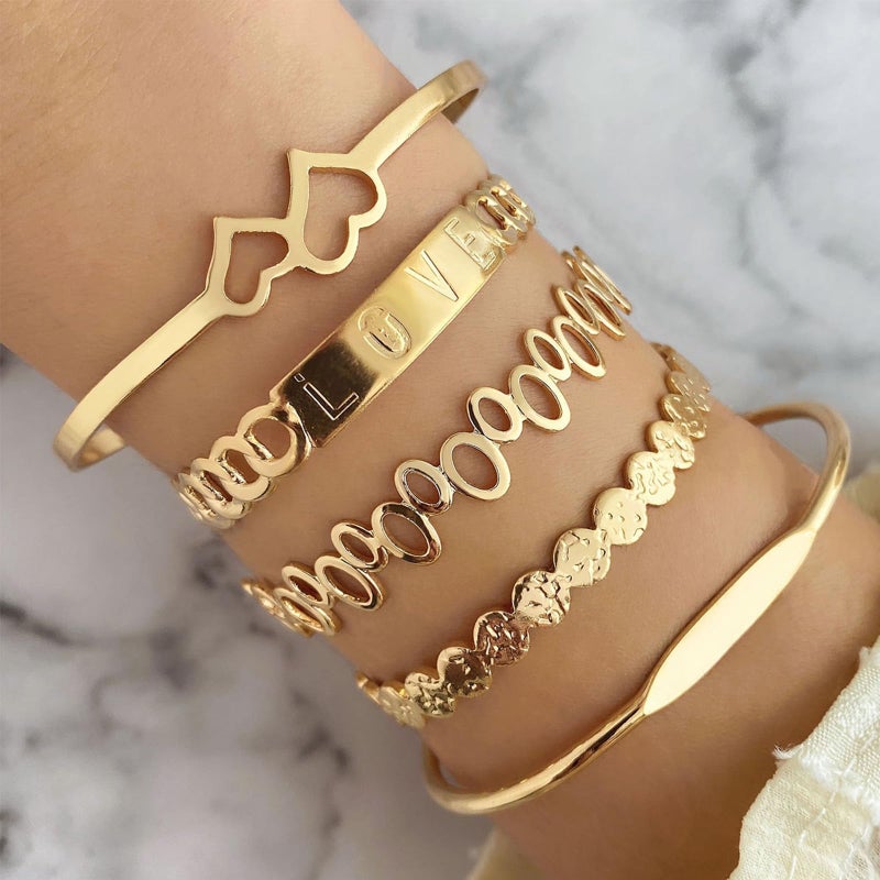 IFKM Gold Bangles Bracelets For Women, 14k Gold Plated Multi Layer Stackable Cuff Bracelet Set, Trendy Elegance Charms Non Tarnish Minimalist Textured Boho Jewelry for Women - Image 2