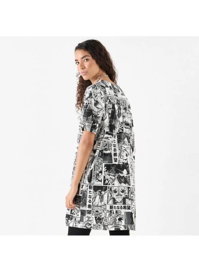 SP Characters All-Over Star Wars Print Longline T-shirt with Short Sleeves