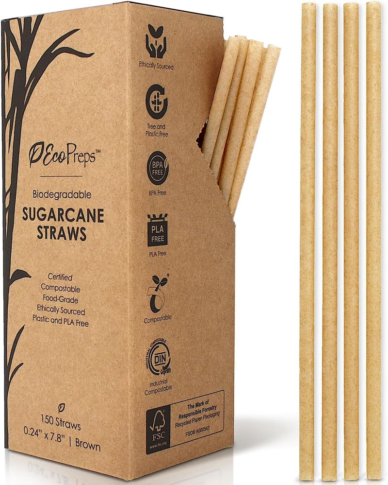EcoPreps Biodegradable Sugarcane Straws | 150 Count, 100% Compostable, Plastic-Free, & Eco-Friendly Drinking Straw | 7.8'' Sugar Fiber Disposable Straws, Smoothie Straw for Home, Restaurant, Parties - Image 1