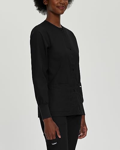 Landau Essentials Relaxed Fit 4-Pocket Snap-Front Scrub Jacket for Women 7525 Black - Image 2