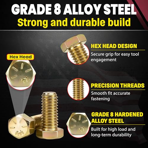 Chenango Supply 5/16-18 x 3/4 Inch Grade 8 Hex Head Bolts – Alloy Steel, Yellow Chromate Zinc, USS Coarse Thread, High-Strength Hex Head Cap Screws, 50 Pieces (5/16-18x3/4 (50pcs)) - Image 2