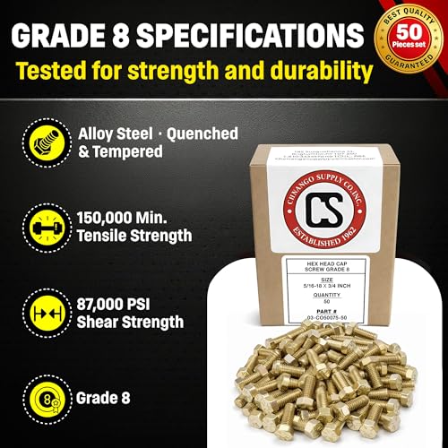 Chenango Supply 5/16-18 x 3/4 Inch Grade 8 Hex Head Bolts – Alloy Steel, Yellow Chromate Zinc, USS Coarse Thread, High-Strength Hex Head Cap Screws, 50 Pieces (5/16-18x3/4 (50pcs)) - Image 4