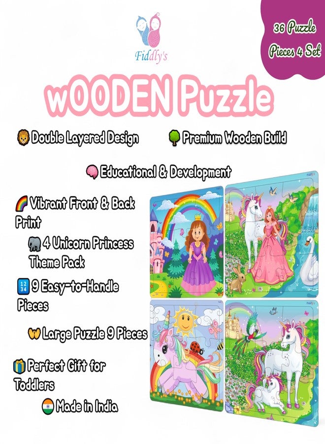 Fiddlys Wooden Jigsaw Puzzles for Kids & Children – 9 Pieces Each, Pack of 4|Double Layered Front & Back Print| Educational Toy for Boys & Girls Age 2 3 4 5 6 Year Old (Unicorn & Princess) - Image 3