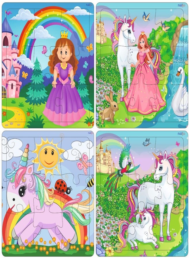 Fiddlys Wooden Jigsaw Puzzles for Kids & Children – 9 Pieces Each, Pack of 4|Double Layered Front & Back Print| Educational Toy for Boys & Girls Age 2 3 4 5 6 Year Old (Unicorn & Princess) - Image 1