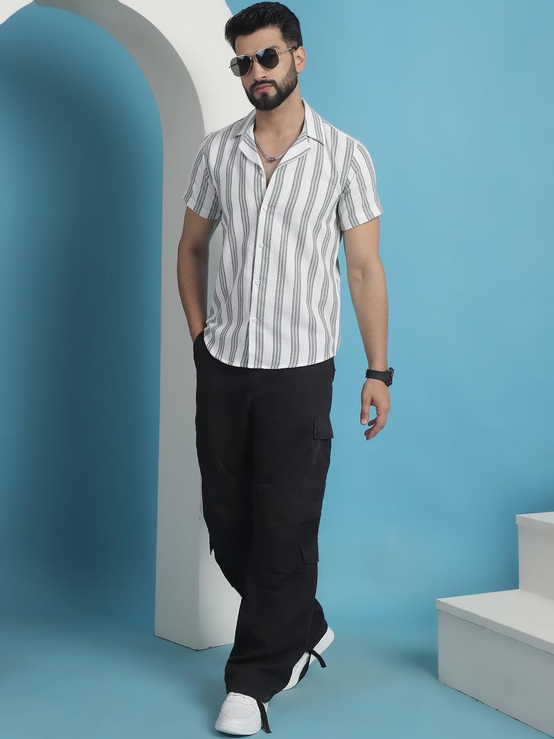 Indian Needle Men's Striped Half Sleeve Cotton Shirt with Camp Collar - Image 4