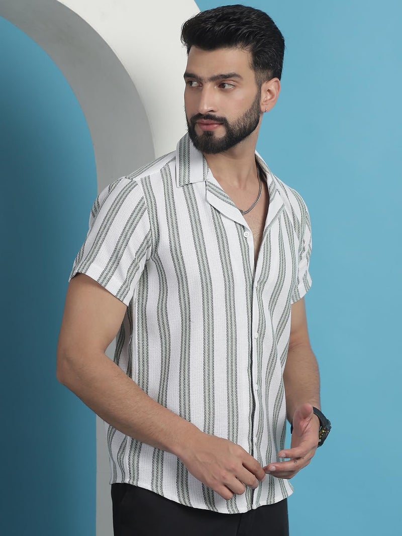 Indian Needle Men's Striped Half Sleeve Cotton Shirt with Camp Collar - Image 3
