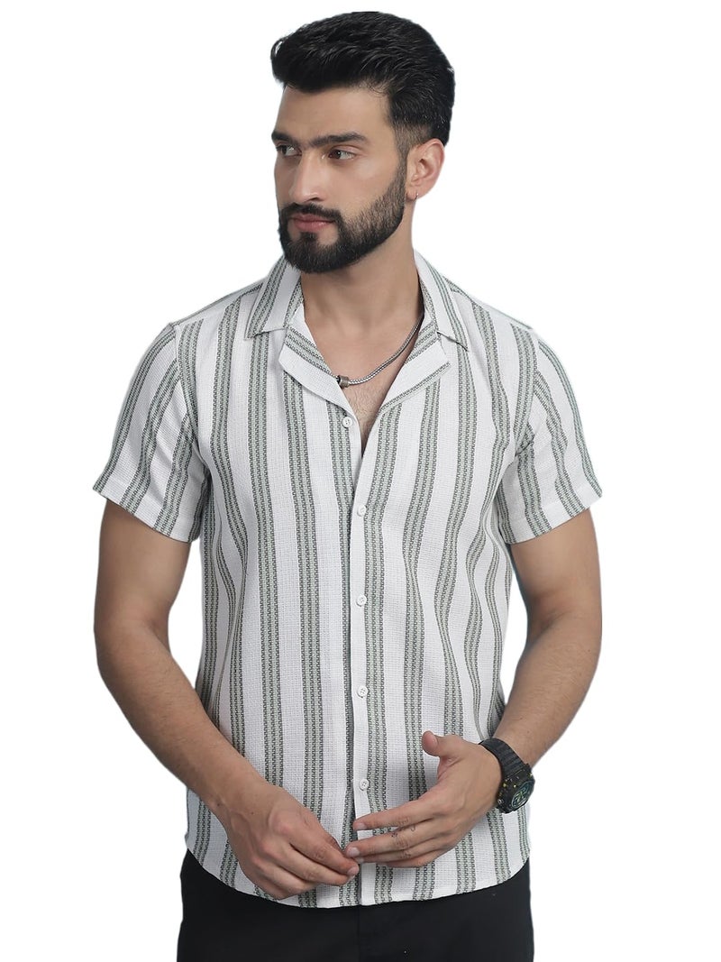 Indian Needle Men's Striped Half Sleeve Cotton Shirt with Camp Collar - Image 1