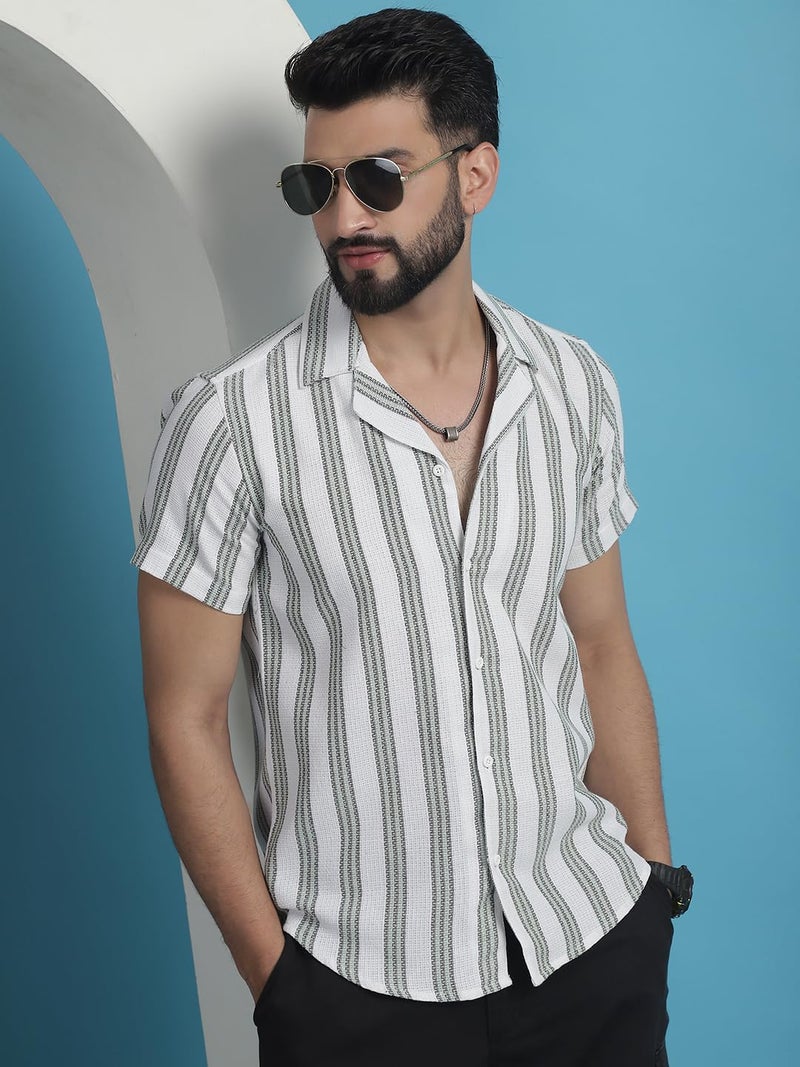 Indian Needle Men's Striped Half Sleeve Cotton Shirt with Camp Collar - Image 5