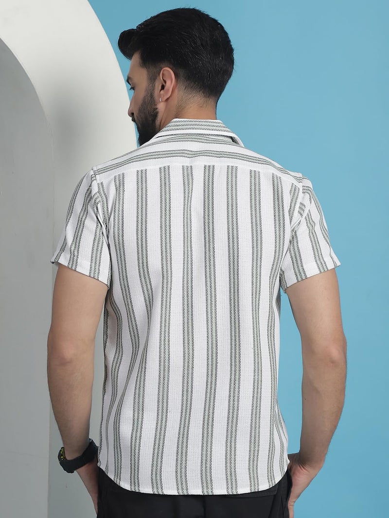 Indian Needle Men's Striped Half Sleeve Cotton Shirt with Camp Collar - Image 2