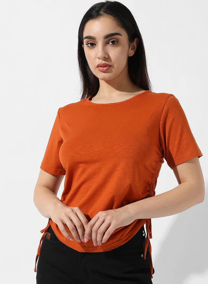 Women's Solid Rust Orange Ruched Top