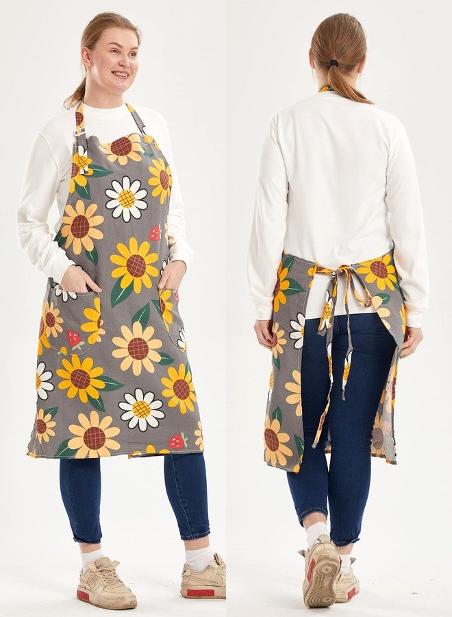 APRONNER Cotton Linen Baking Plus Size Aprons for Women with Pockets Kitchen Cooking Sun Flowers - Image 5