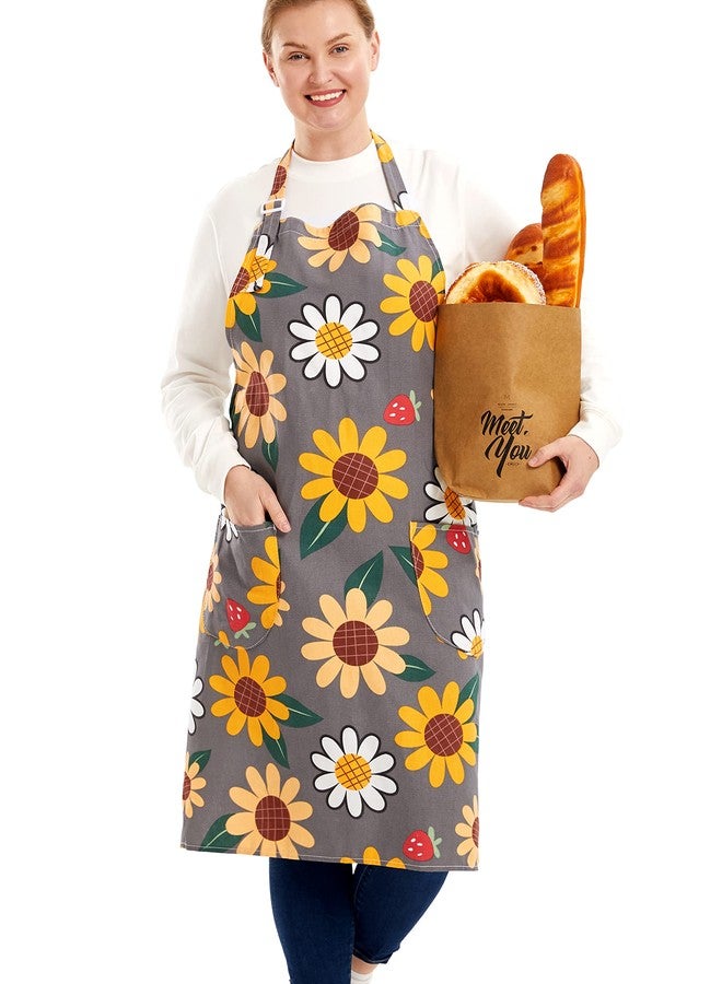 APRONNER Cotton Linen Baking Plus Size Aprons for Women with Pockets Kitchen Cooking Sun Flowers - Image 1
