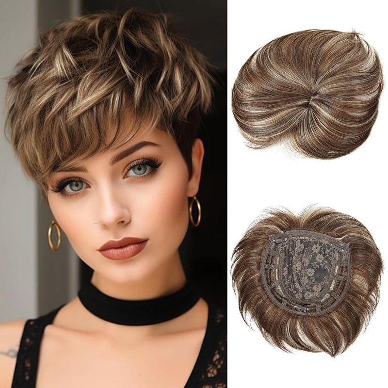 BECUS Clip on Bangs Hair for Women Hair Toppers for Women 360°3D Cover 6.5x6inches Toupee Brown Fake Bangs Synthetic Wiggy