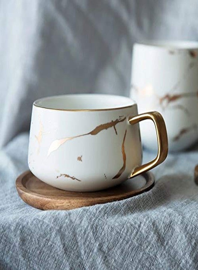 Coffeezone Luxury Gold Inlay 10.5 Oz Matte Ceramic Marble Tea Latte Coffee Cups with Wood Saucers (White, Cup & Saucer) - Image 4