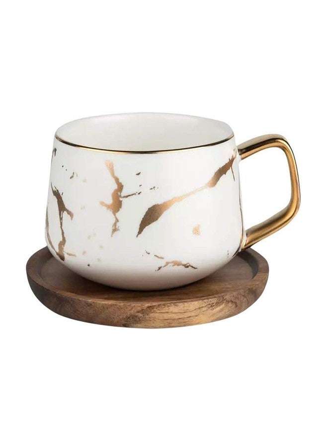 Coffeezone Luxury Gold Inlay 10.5 Oz Matte Ceramic Marble Tea Latte Coffee Cups with Wood Saucers (White, Cup & Saucer) - Image 1