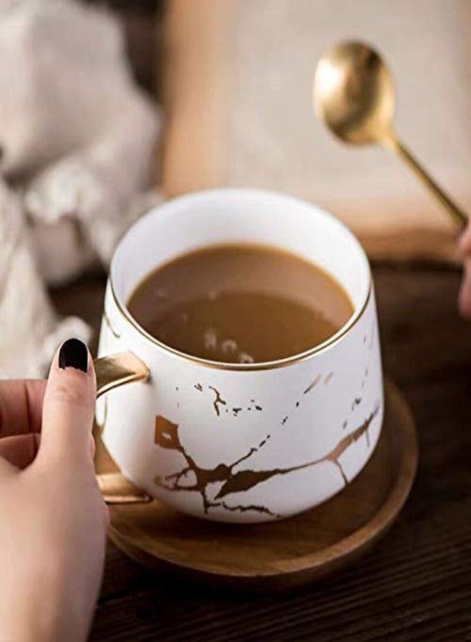 Coffeezone Luxury Gold Inlay 10.5 Oz Matte Ceramic Marble Tea Latte Coffee Cups with Wood Saucers (White, Cup & Saucer) - Image 3