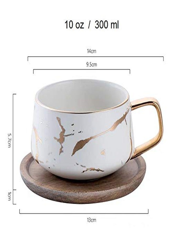 Coffeezone Luxury Gold Inlay 10.5 Oz Matte Ceramic Marble Tea Latte Coffee Cups with Wood Saucers (White, Cup & Saucer) - Image 5