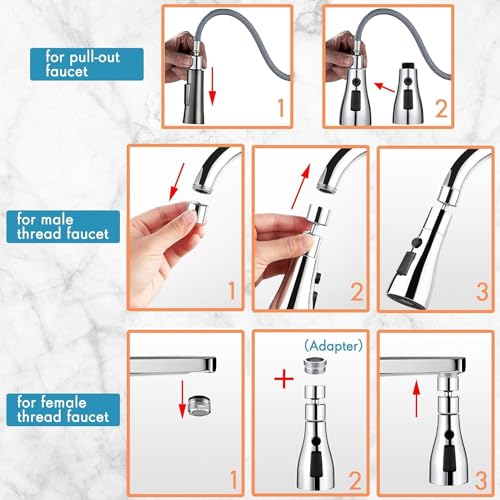 Rylan Universal Kitchen Sink Sprayer - 3-Function Pull Down Spray Head, Big Angle Rotatable, Anti-Splash (Silver) - Image 2